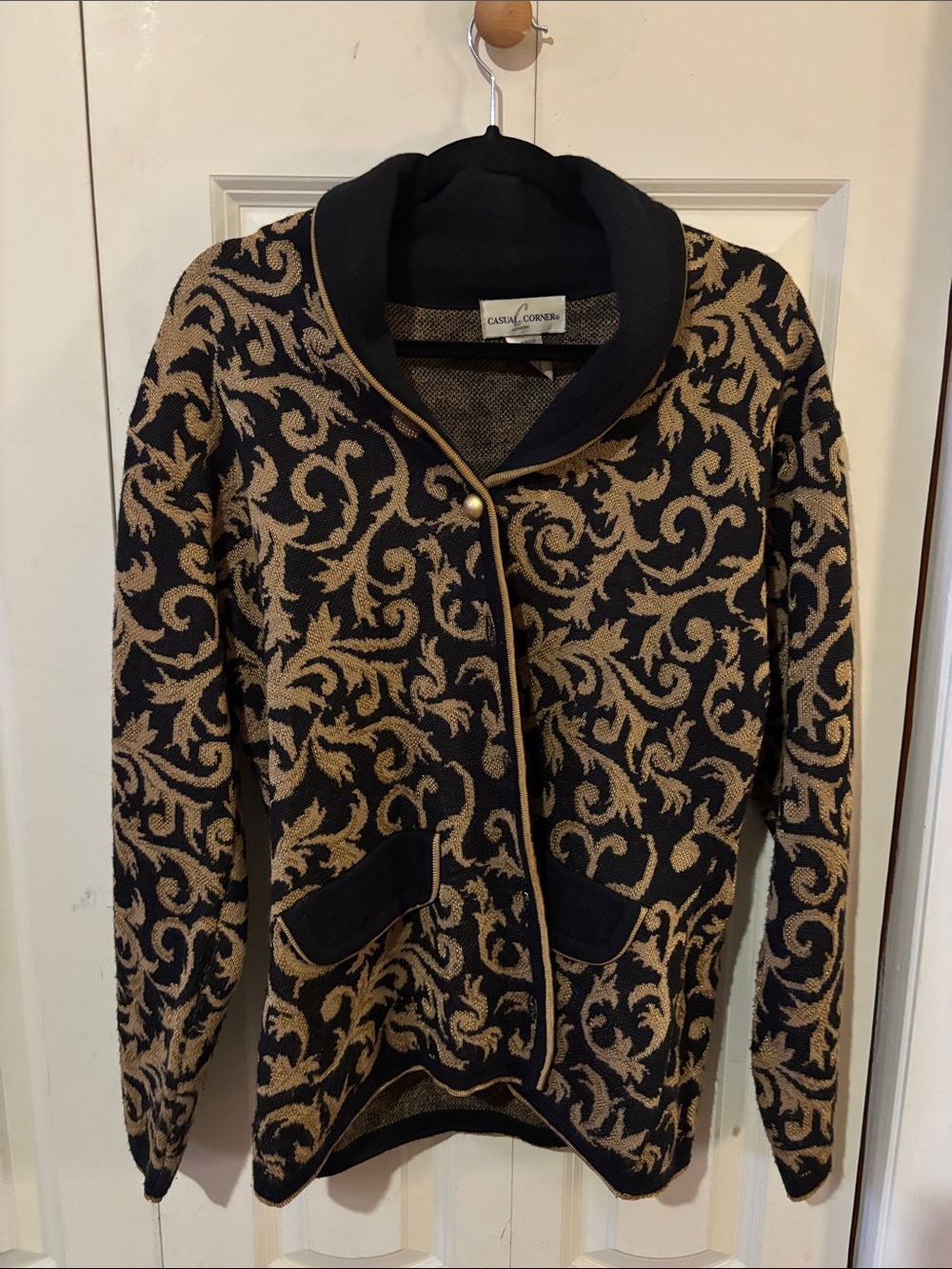 Casual Corner Black and Tan Scroll-Print Shawl Collar Jacket